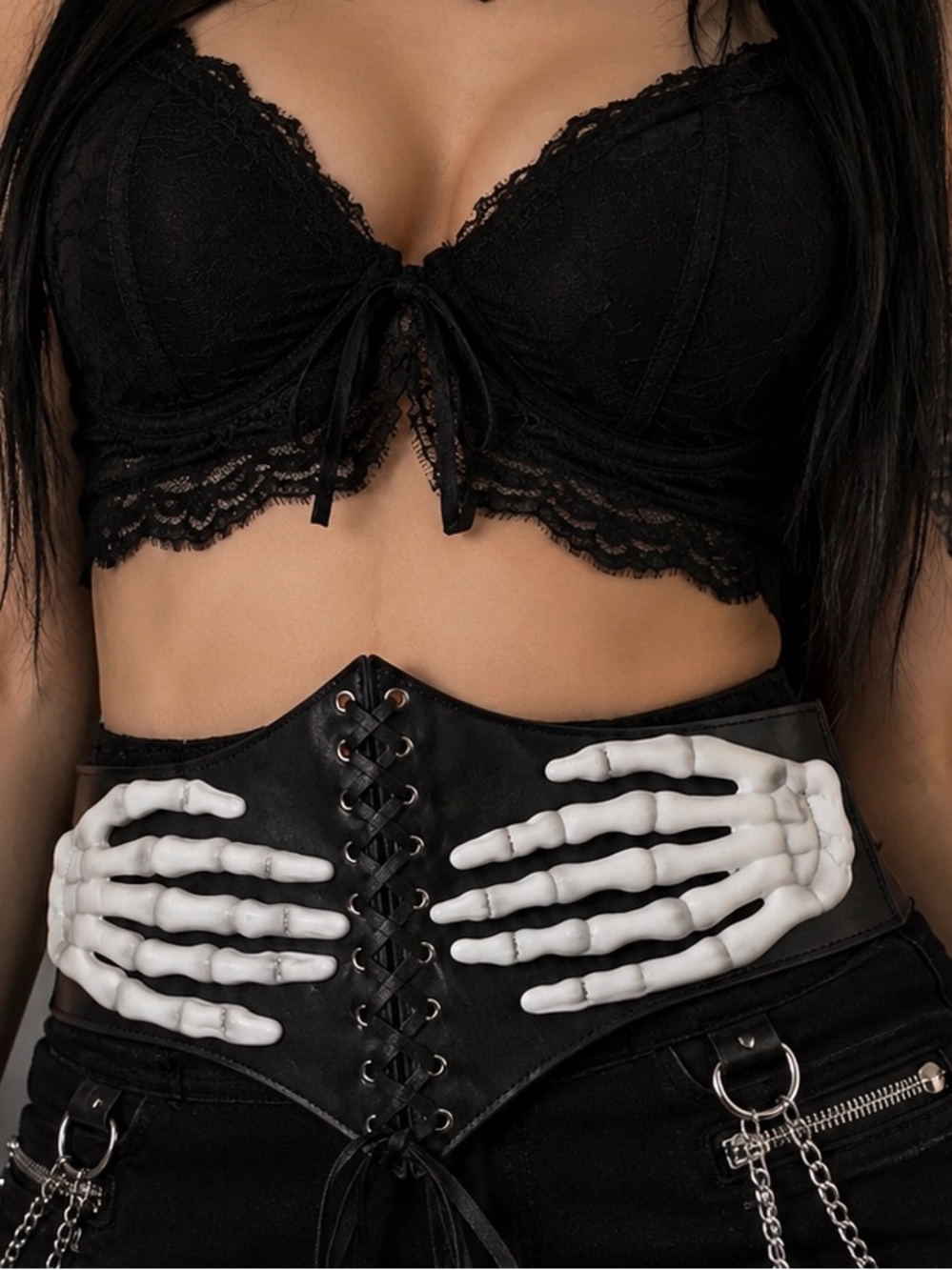 Spirit Skeleton Hand Lace-Up Waist Corset Belt - Black & White